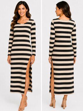 Joel Black Cream Striped Long Sleeve Maxi Dress